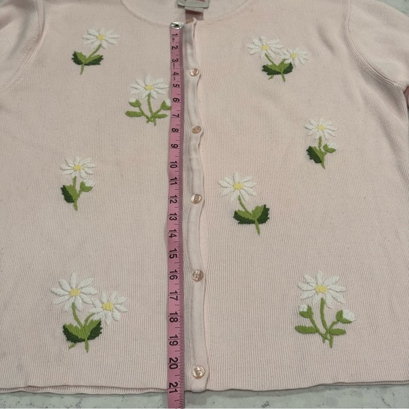 VINTAGE Crystal Kobe Pink Floral Embroidered Cardigan Sweater Buttons Women’s L - Picture 8 of 13